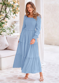 PRETTYGARDEN Fall Wedding Guest Dresses for Women Long Sleeve Square Neck Tiered A Line Modest Elegant Flowy Dresses
