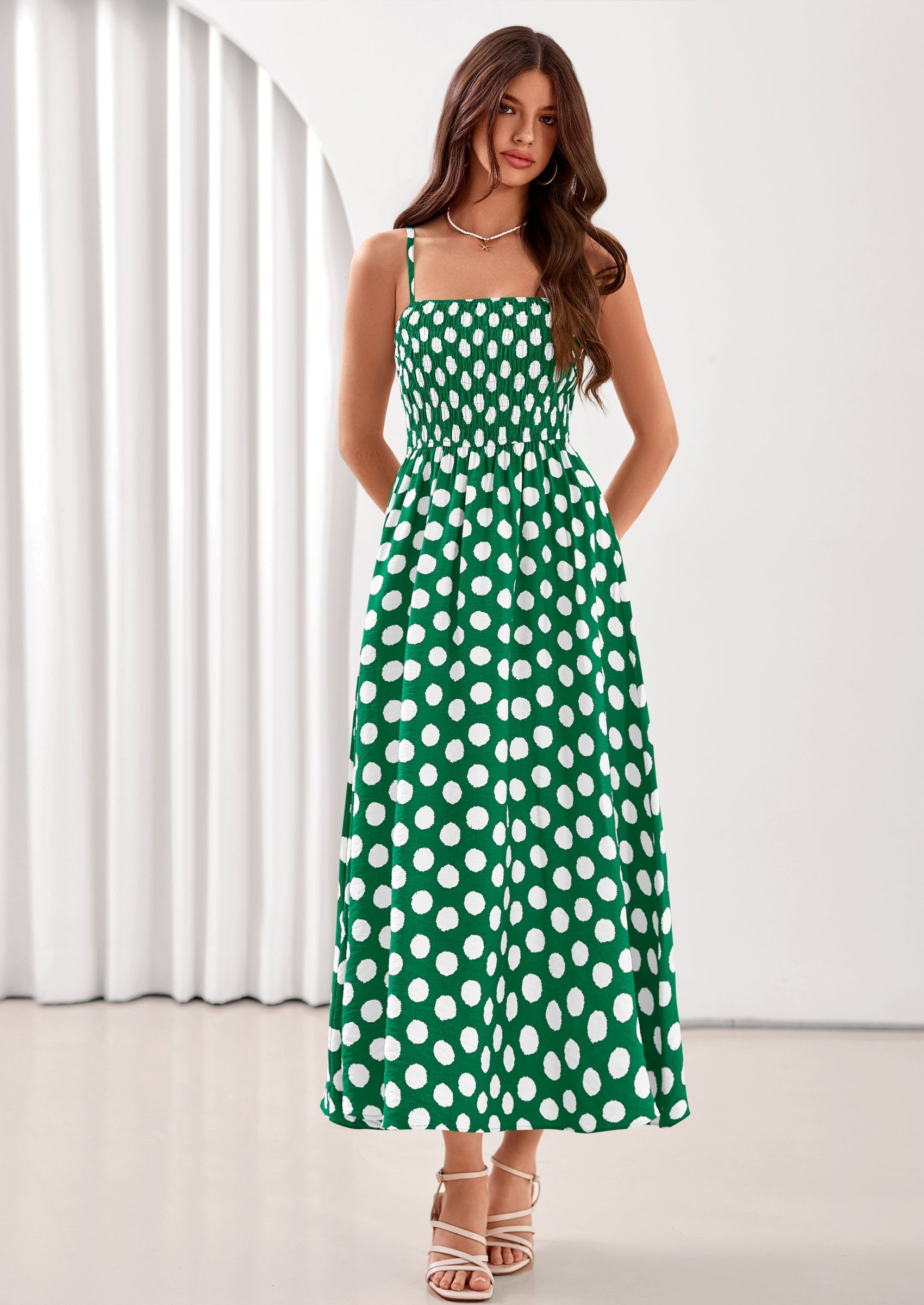 PRETTYGARDEN Womens Summer Dresses Spring Sleeveless Spaghetti Straps Casual Midi Dress Polka Dot Smocked Beach Sundress PRETTYGARDEN