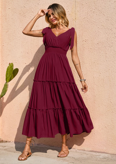 PRETTYGARDEN Women's Cross Neck Spring Sleeveless Tiered Maxi Dress Beach Tie Strap Smocked Long Dresses Pleated Sundress