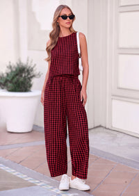 PRETTYGARDEN Womens 2 Piece Sets Summer Plaid Sleeveless Tops Wide Leg Pants Matching Lounge Set Beach Vacation Outfits