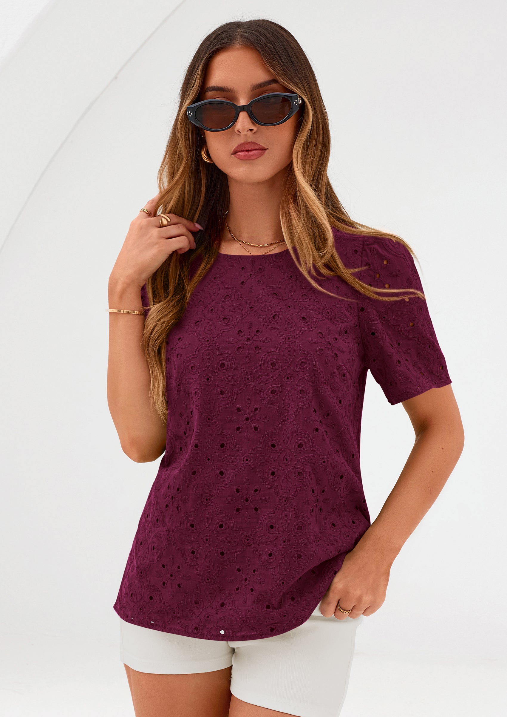 PRETTYGARDEN Women's Puff Short Sleeve Eyelet Shirts Summer Lace Blouses Dressy Casual Work Tops Spring Teacher Clothes PRETTYGARDEN