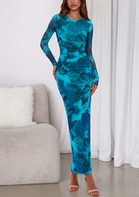 PRETTYGARDEN Women's Fall Wedding Guest Dresses Long Sleeve Fitted Ruched Slit Bodycon Mesh Floral Party Maxi Dress