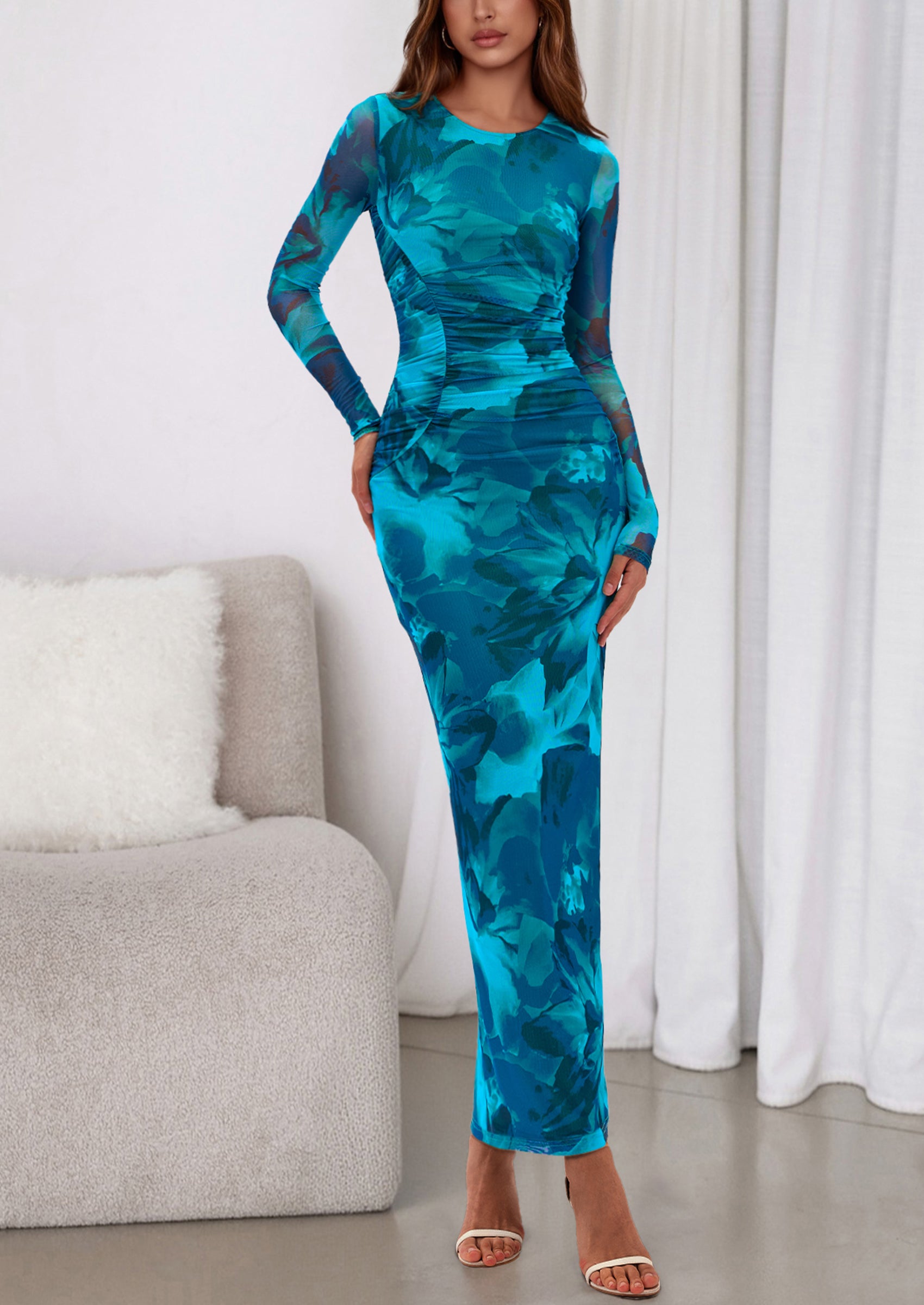 PRETTYGARDEN Women's Fall Wedding Guest Dresses Long Sleeve Fitted Ruched Slit Bodycon Mesh Floral Party Maxi Dress