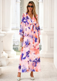 PRETTYGARDEN Women's Fall Boho Maxi Dress Floral Long Sleeve V Neck Flowy Belted Elegant Holiday Party Dresses