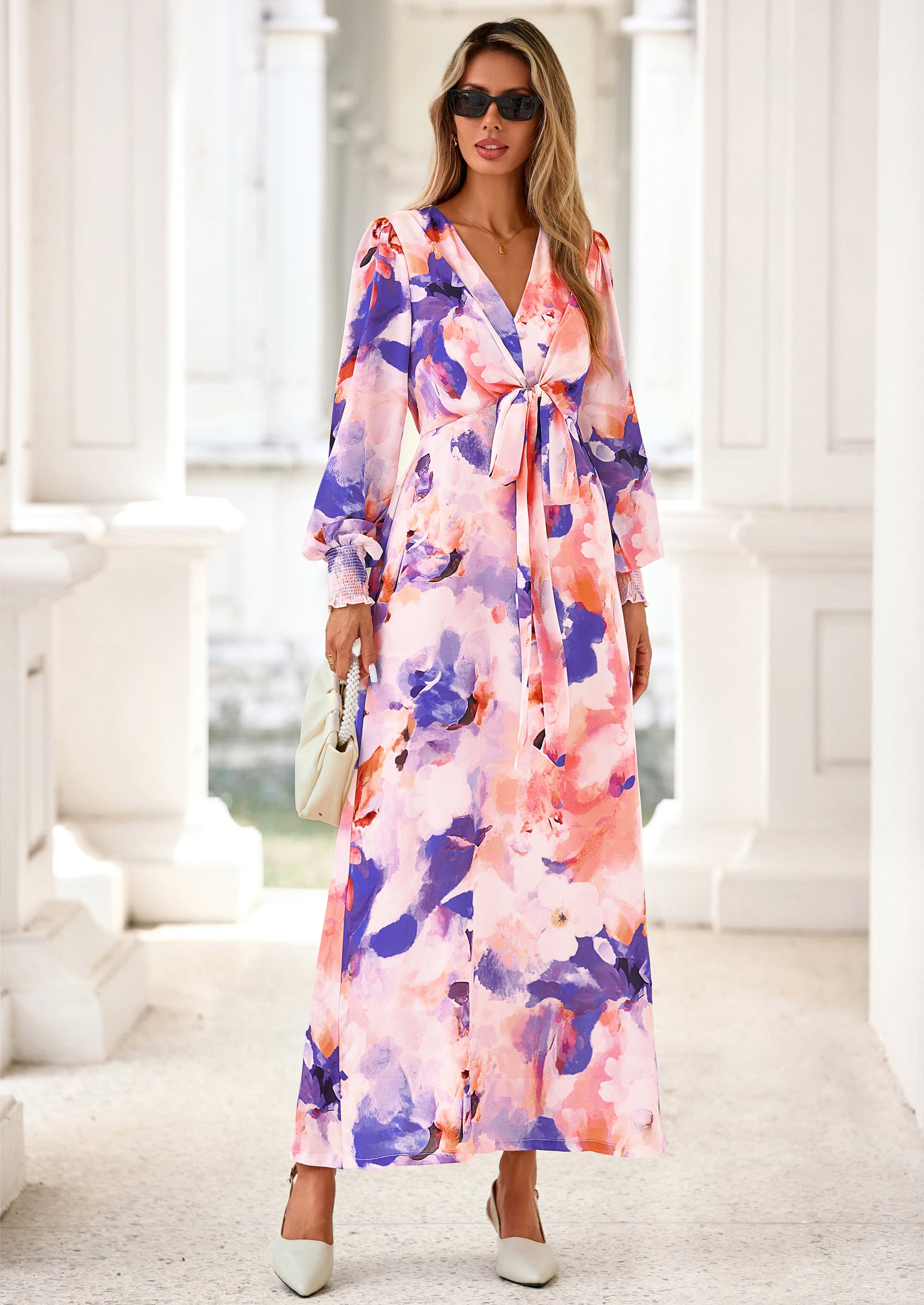 PRETTYGARDEN Women's Fall Boho Maxi Dress Floral Long Sleeve V Neck Flowy Belted Elegant Holiday Party Dresses