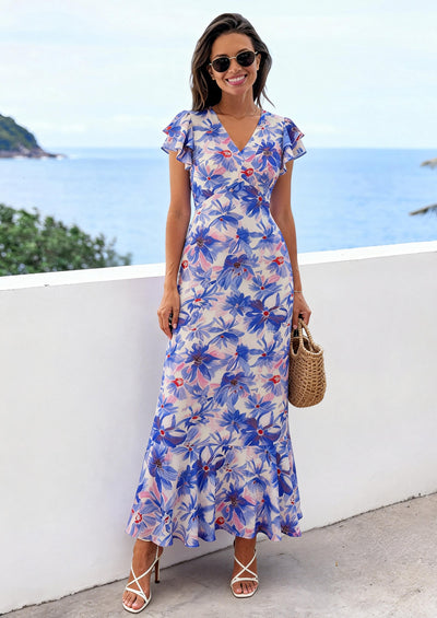 PRETTYGARDEN Wedding Guest Dresses for Women Spring Summer Short Sleeve Ruffle V Neck Floral Flowy Beach Maxi Long Dress PRETTYGARDEN