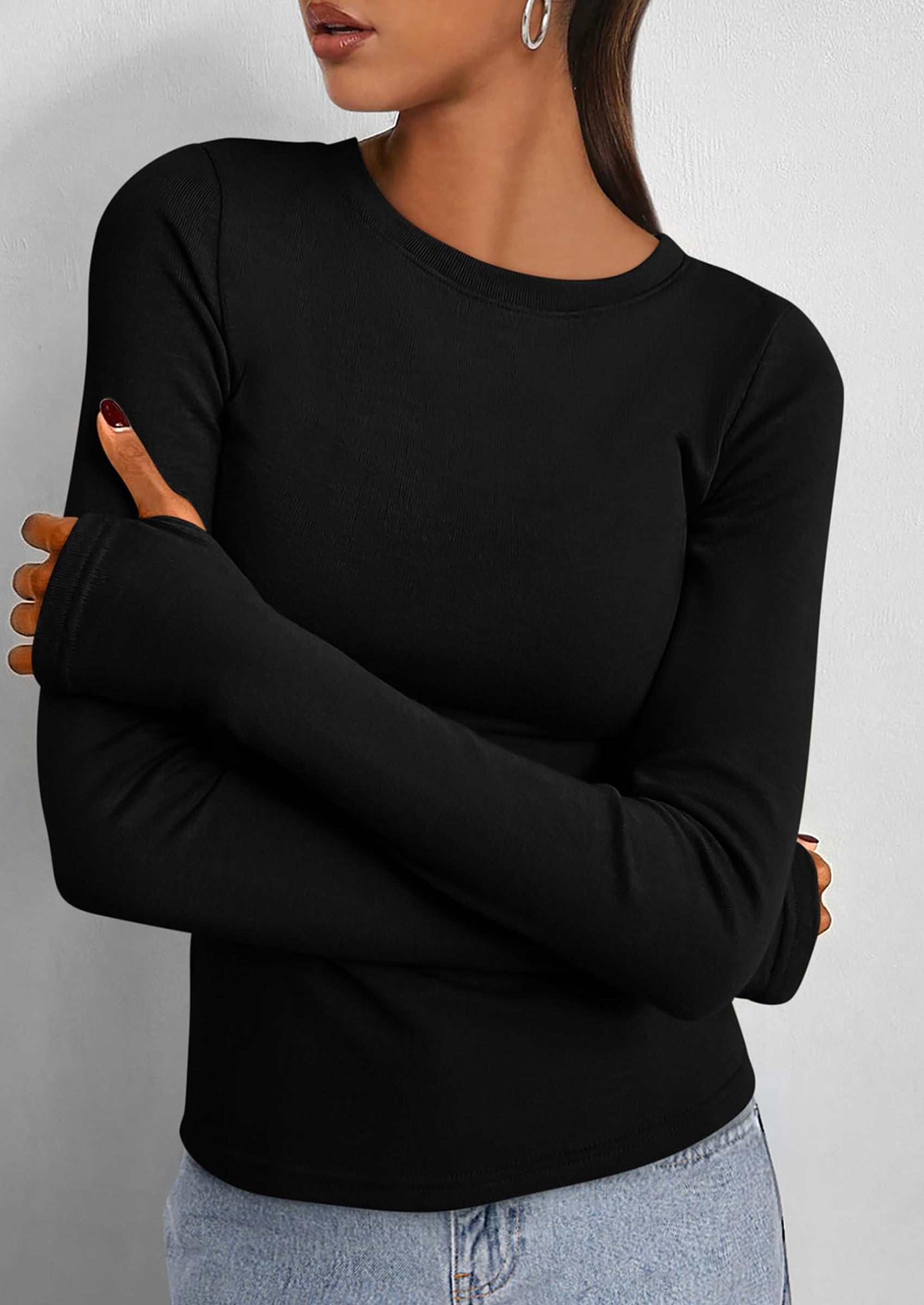 BTFBM Women's Casual Tops Spring Fall Outfits Long Sleeve Shirt Crewneck Workout Stretchy Slim Fit Going Out Top