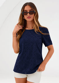 PRETTYGARDEN Women's Puff Short Sleeve Eyelet Shirts Summer Lace Blouses Dressy Casual Work Tops Spring Teacher Clothes PRETTYGARDEN