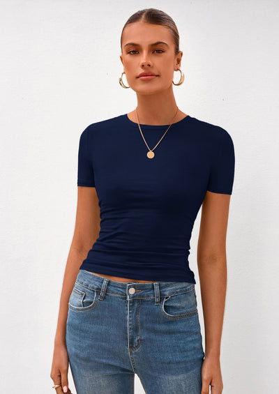 PRETTYGARDEN Women Summer Crew Neck Short Sleeve Tops Ribbed Knit Slim Fit Fashion Basic Tee Shirts Casual Going Out Top PRETTYGARDEN