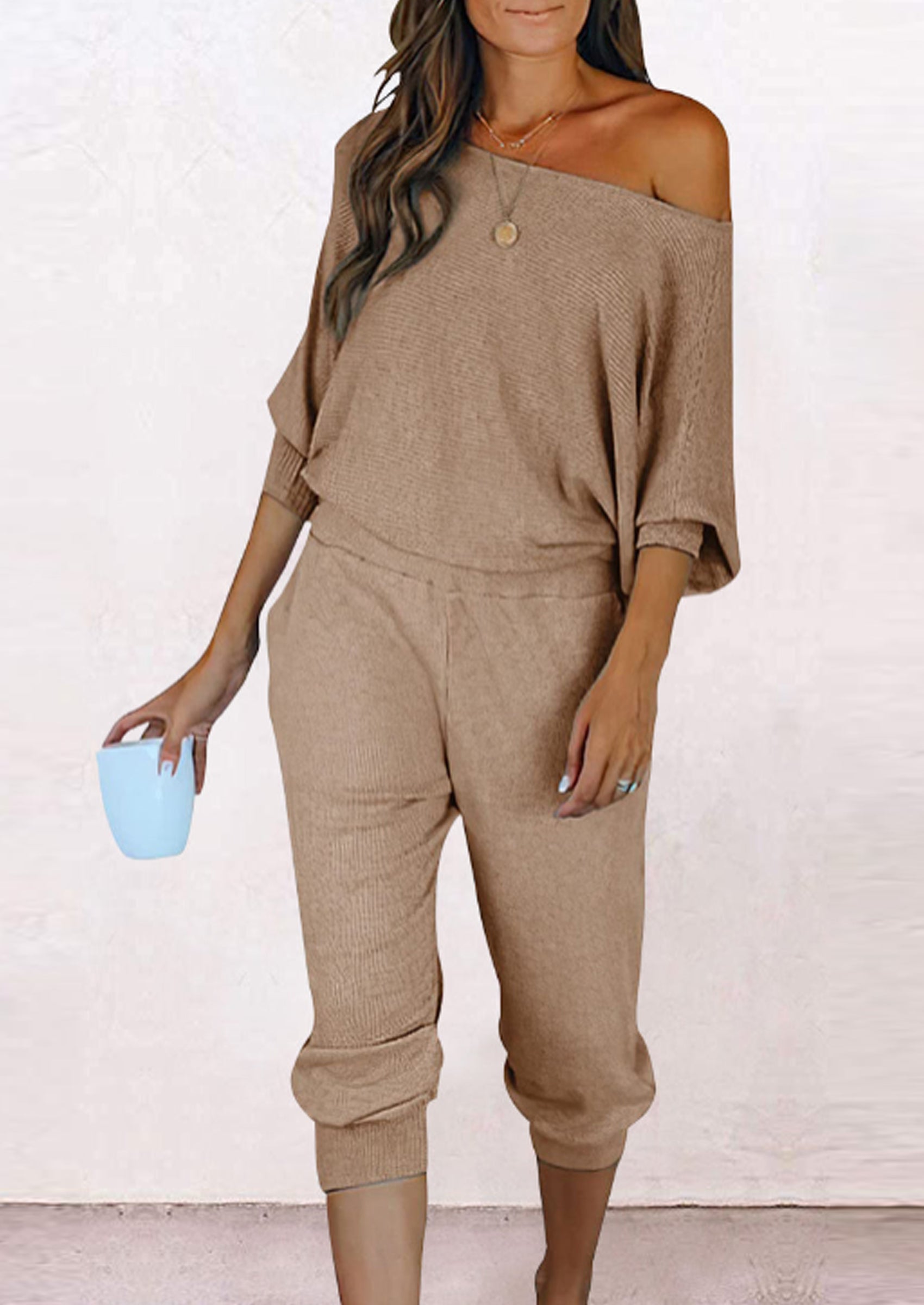 PRETTYGARDEN Women's 2 Piece Ribbed Tracksuit Outfits Off Shoulder Long Sleeve Pullover Lounge Pants with Pockets