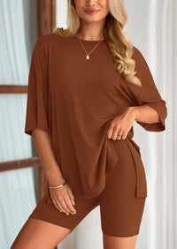 PRETTYGARDEN Women's Two Piece Lounge Set Summer Casual Oversized Shirts Biker Shorts Matching Airport Travel Outfit