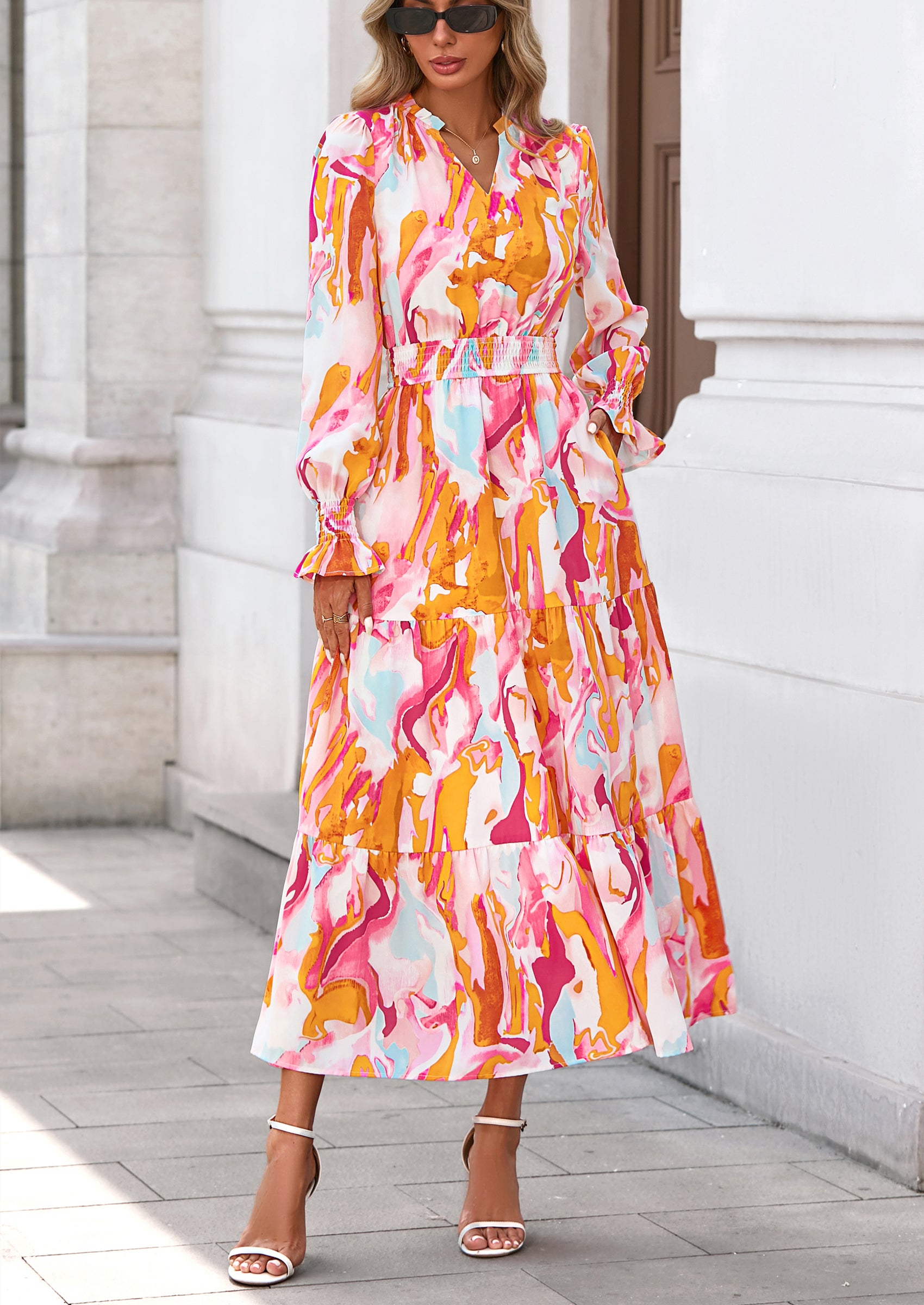 PRETTYGARDEN Women's Floral Maxi Dress Spring Long Sleeve V Neck Casual A Line Long Flowy Boho Party Dresses