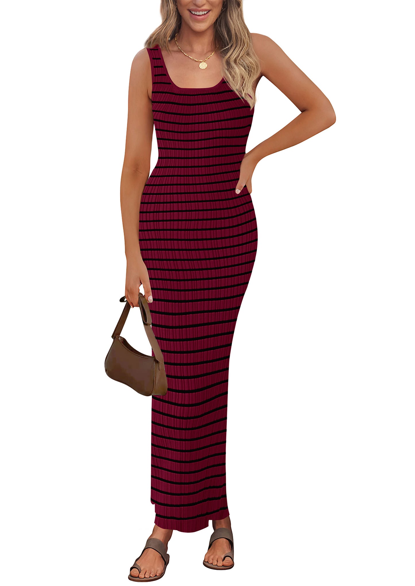 Womens Summer Tank Dress Casual Sleeveless Striped Ribbed Knit Long Dresses Beach Vacation Sundress