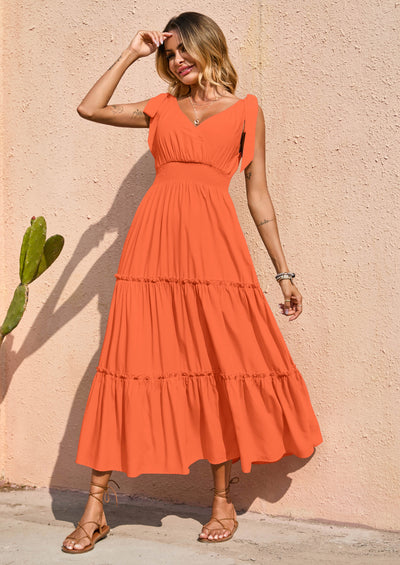 PRETTYGARDEN Women's Cross Neck Spring Sleeveless Tiered Maxi Dress Beach Tie Strap Smocked Long Dresses Pleated Sundress