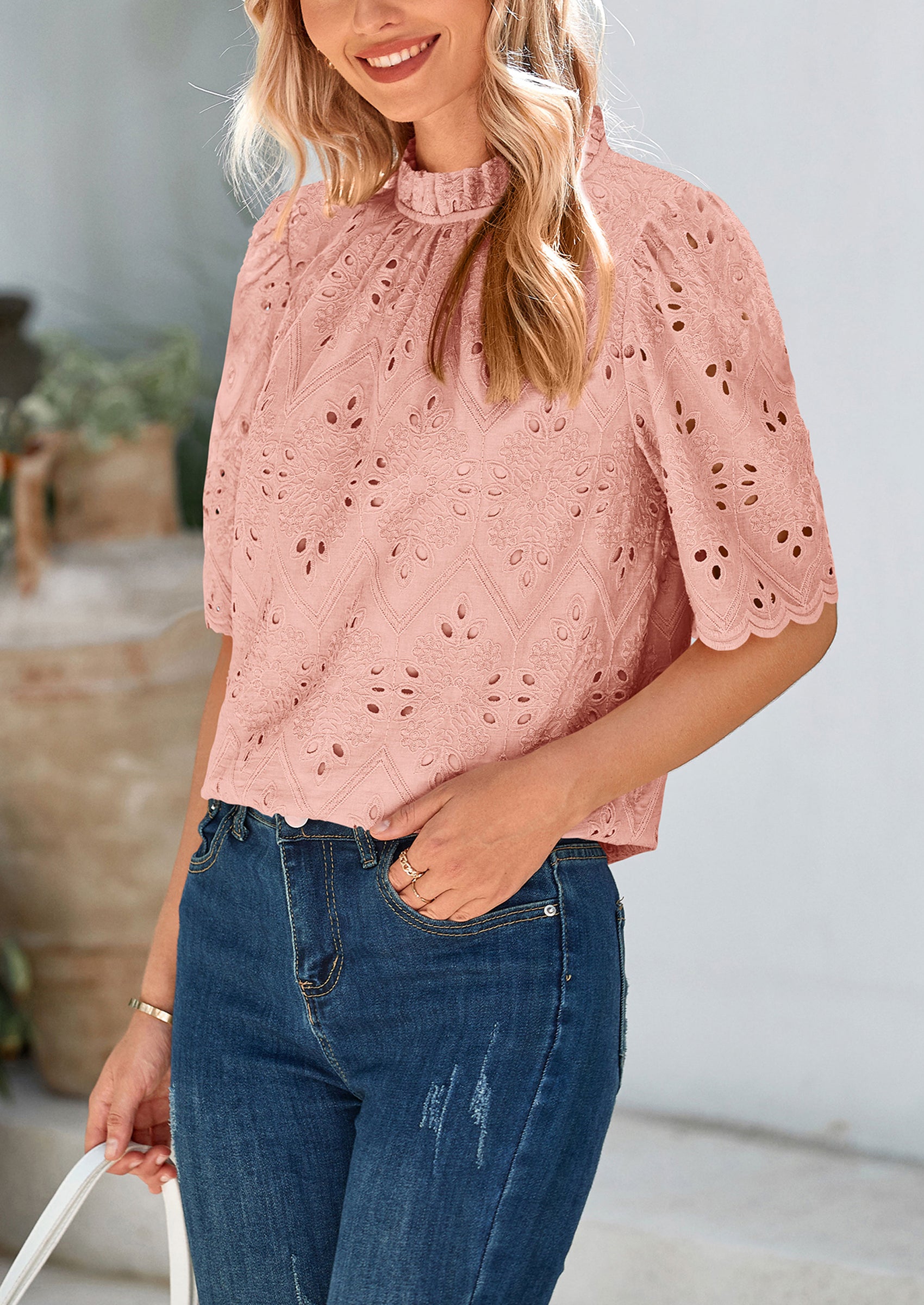 PRETTYGARDEN Womens Summer Tops Trendy Short Sleeve Eyelet Embroidered Dressy Casual Blouse Shirts