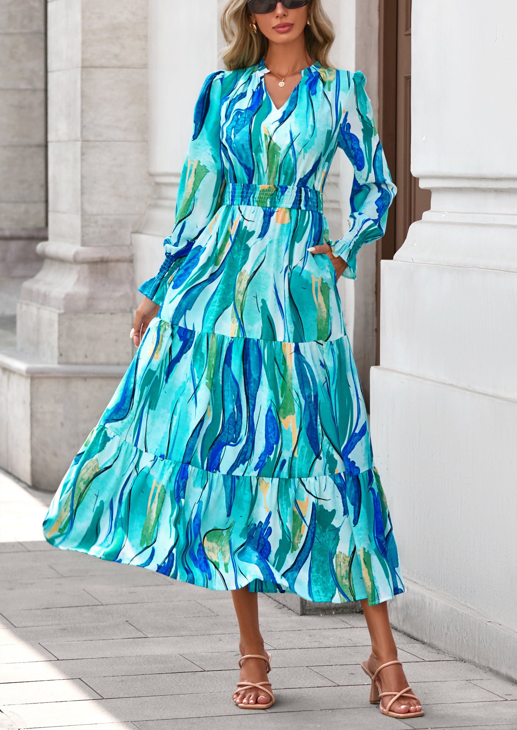 PRETTYGARDEN Women's Floral Maxi Dress Spring Long Sleeve V Neck Casual A Line Long Flowy Boho Party Dresses