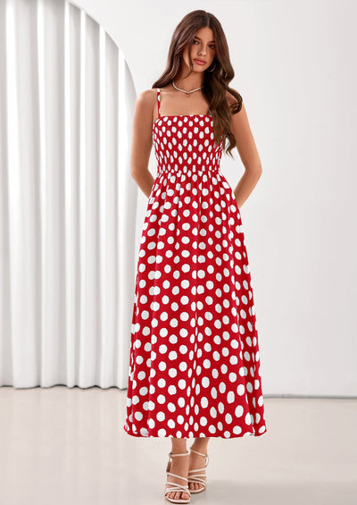 PRETTYGARDEN Womens Summer Dresses Spring Sleeveless Spaghetti Straps Casual Midi Dress Polka Dot Smocked Beach Sundress PRETTYGARDEN