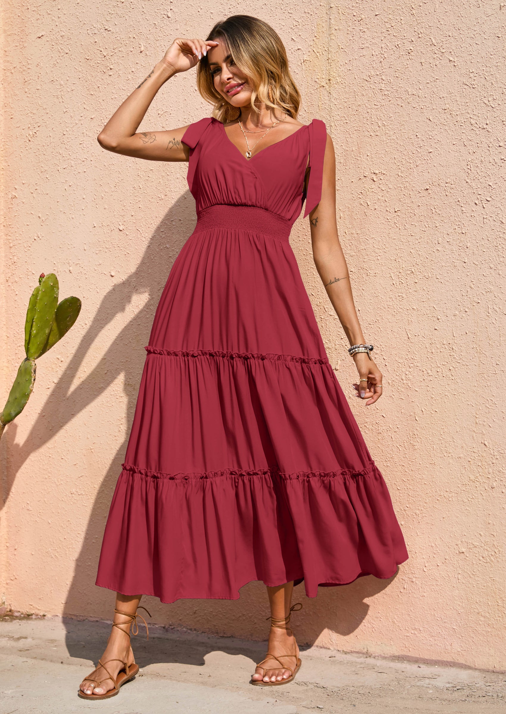 PRETTYGARDEN Women's Cross Neck Spring Sleeveless Tiered Maxi Dress Beach Tie Strap Smocked Long Dresses Pleated Sundress