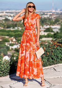 PRETTYGARDEN Womens Summer Maxi Dress V Neck Ruffle Sleeve A Line Floral Cocktail Dresses for Women Beach Vacation Outfits