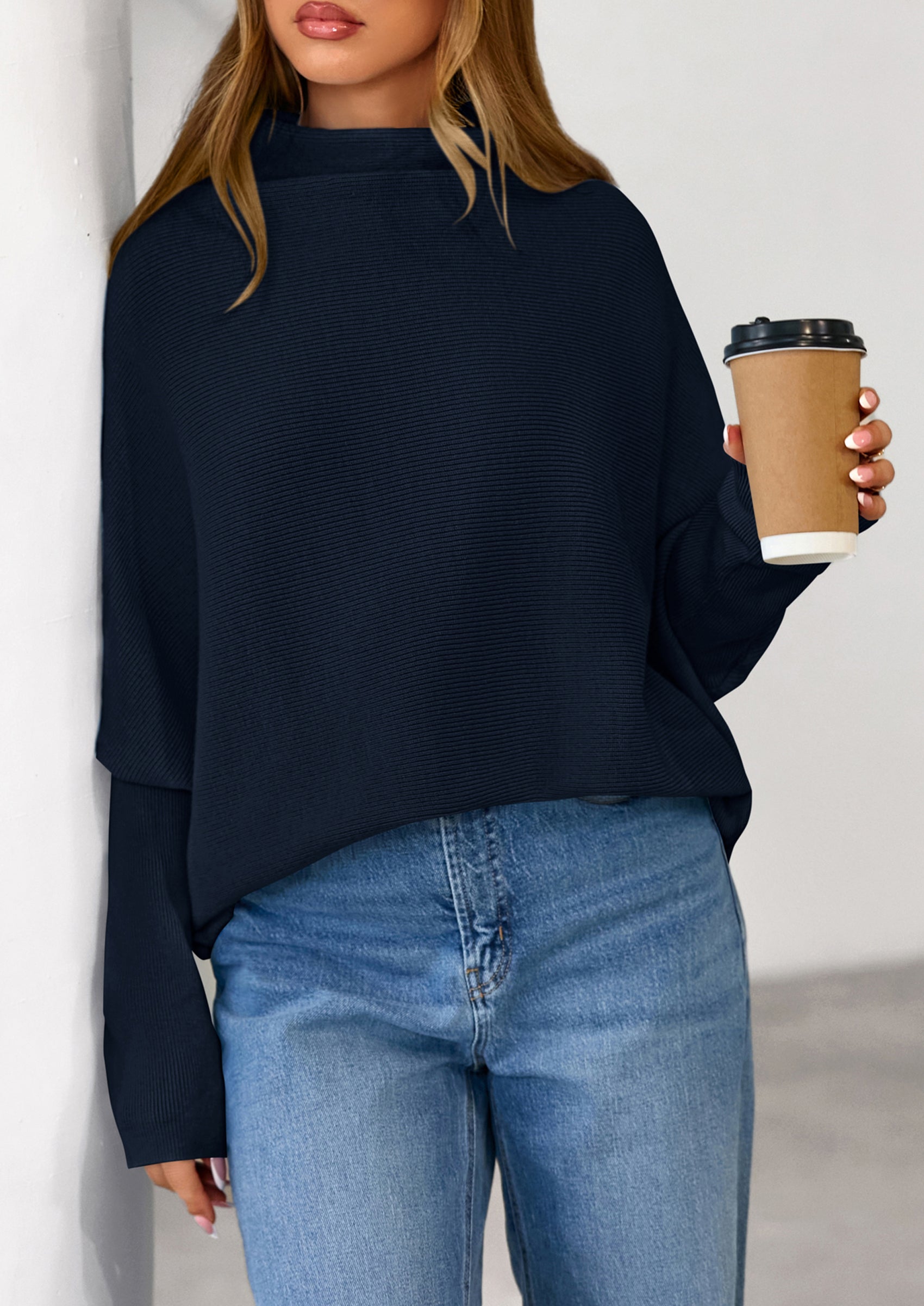 PRETTYGARDEN Womens Sweaters Fall Fashion Casual Loose Turtleneck Batwing Long Sleeve Knit Sweater Pullover Tops