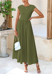 PRETTYGARDEN Women's Casual Long Dresses Cap Sleeve Patchwork A Line Flowy Modest Elegant Homecoming Maxi Dress