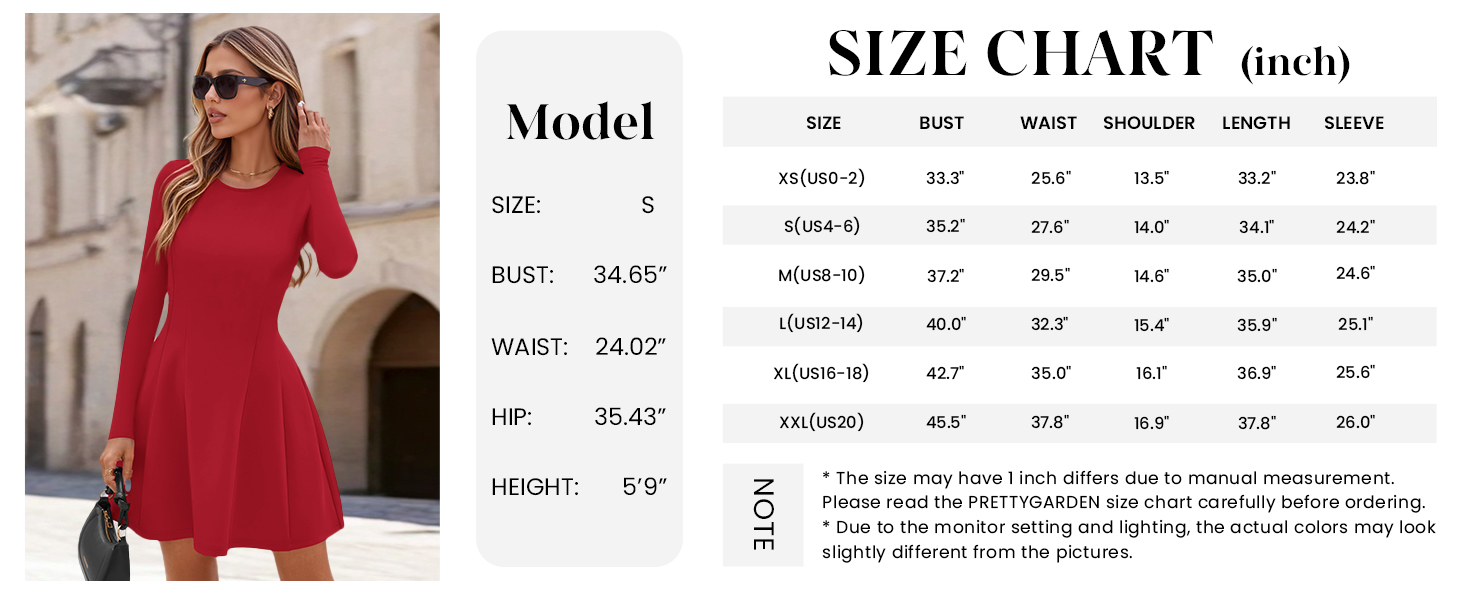 PRETTYGARDEN Long Sleeve Mini Dress for Women Fall Crewneck Knit Pleated Babydoll A Line Soft Casual Short Party Dresses