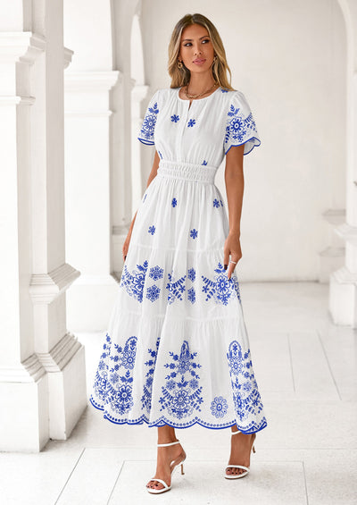 PRETTYGARDEN Boho Dresses for Women Summer Spring Casual Floral Short Sleeve V Neck Maxi Elastic Waist Dress Pockets PRETTYGARDEN