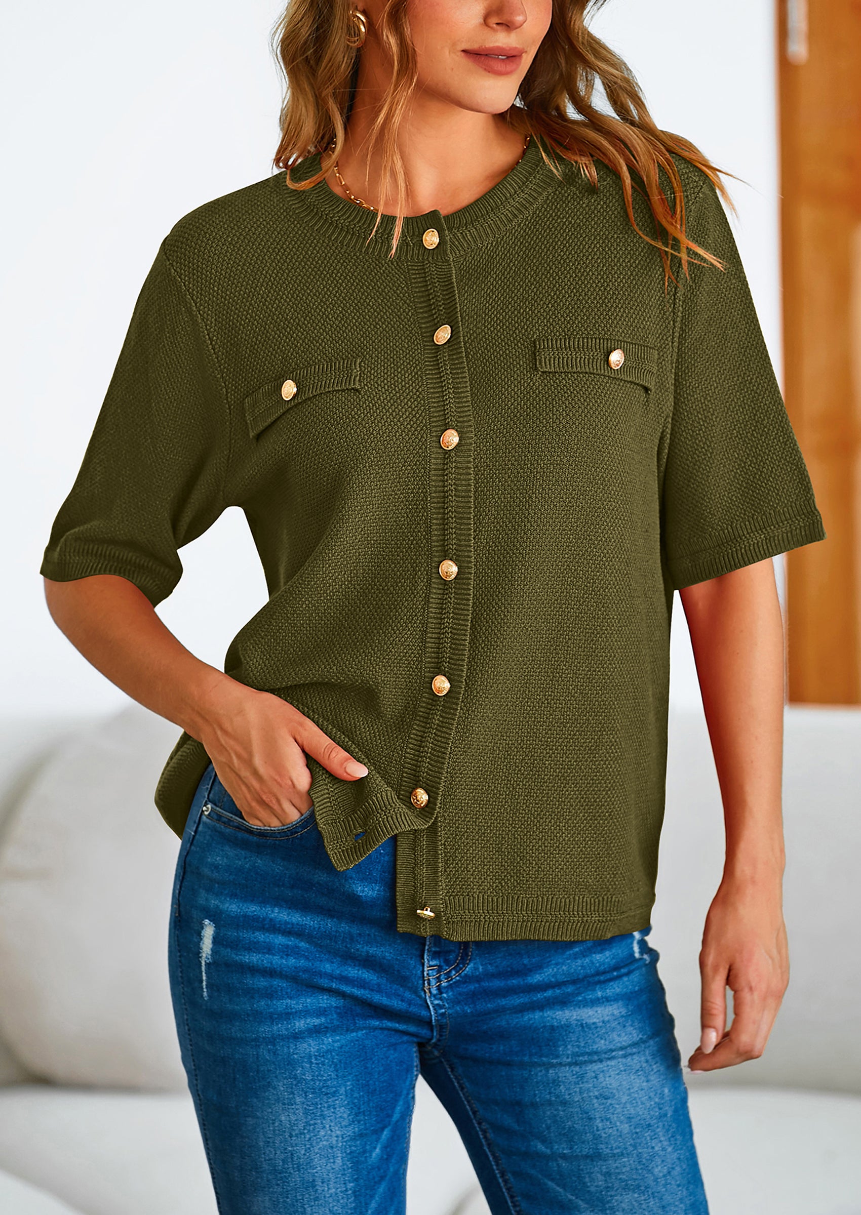 PRETTYGARDEN Women's Summer Button Down Shirts Casual Short Sleeve Crew Neck Ribbed Knit Blouse Top Cardigans