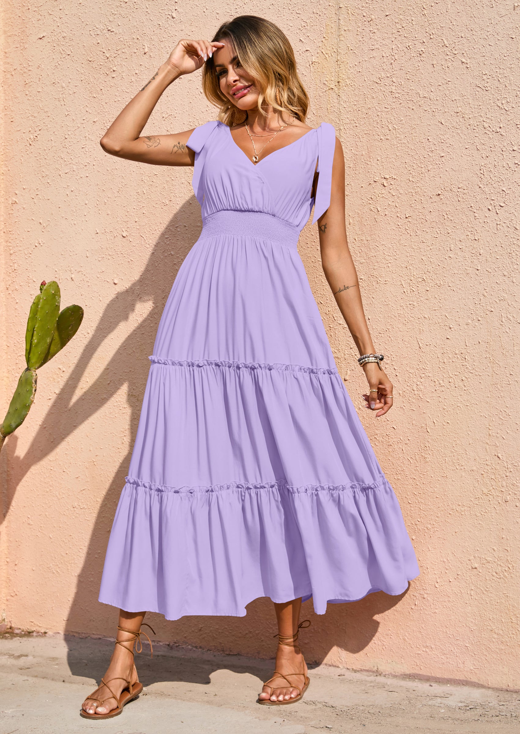 PRETTYGARDEN Women's Cross Neck Spring Sleeveless Tiered Maxi Dress Beach Tie Strap Smocked Long Dresses Pleated Sundress