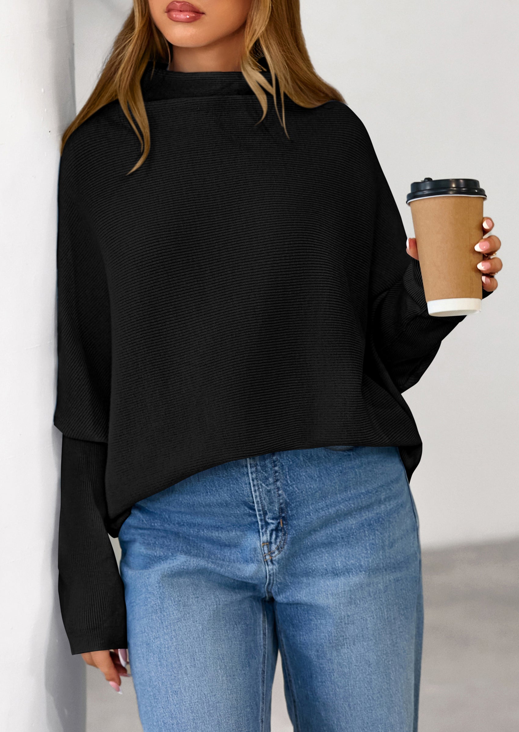 PRETTYGARDEN Womens Sweaters Fall Fashion Casual Loose Turtleneck Batwing Long Sleeve Knit Sweater Pullover Tops