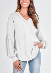 BTFBM Women's Ribbed Long Sleeve Tops Summer Spring Pullover Knit Casual V Neck Blouses Trendy Loose Fit Tunic Top
