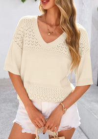 PRETTYGARDEN Women's Short Sleeve Sweater Tops Spring Summer Casual V Neck Ribbed Knit Trendy Eyelet Blouse T Shirts