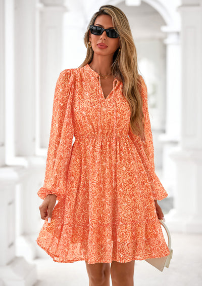 PRETTYGARDEN Women's Fall Boho Dresses Floral Long Sleeve V Neck Mini Flowy Wedding Guest Dress Trendy Vacation Outfits