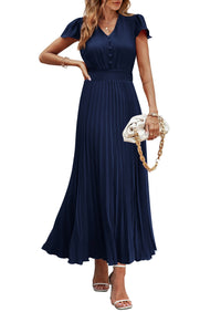 Women's Summer Maxi Dresses 2025 Trendy Casual Button V Neck Ruffle Cap Sleeve Long Flowy Pleated Dress