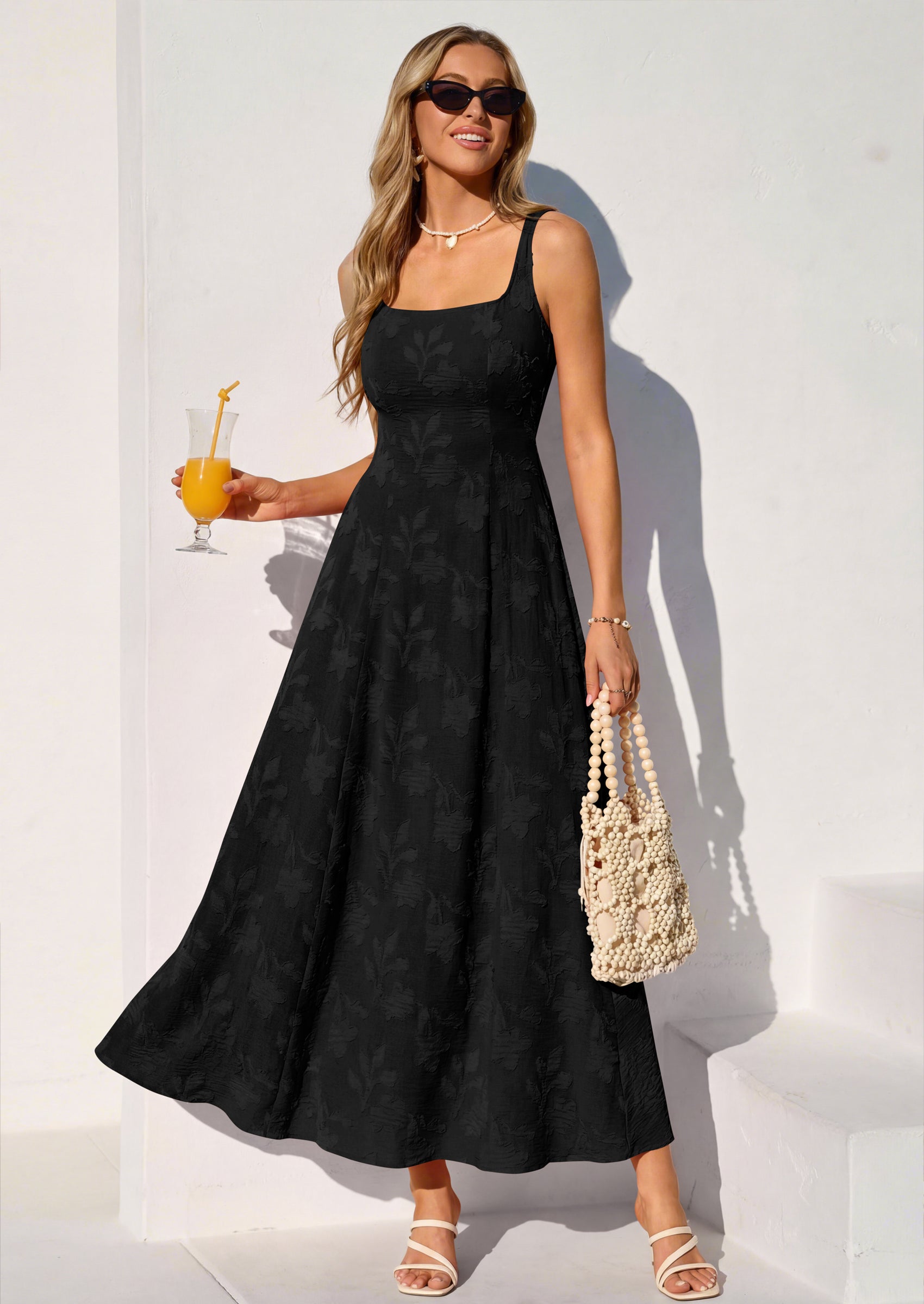 PRETTYGARDEN Womens Summer Maxi Dresses Casual Sleeveless Square Neck Jacquard Flowy Wedding Guest Beach Boho Long Dress