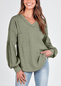 BTFBM Women's Ribbed Long Sleeve Tops Summer Spring Pullover Knit Casual V Neck Blouses Trendy Loose Fit Tunic Top