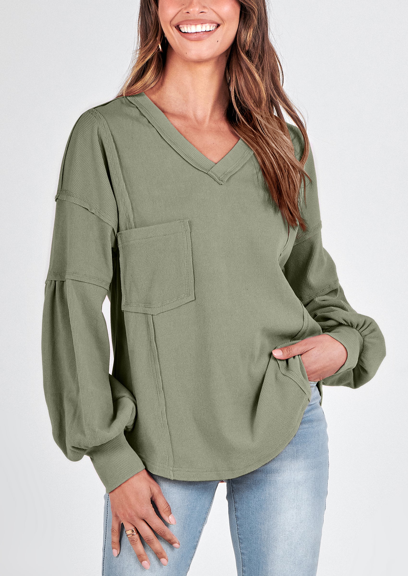 BTFBM Women's Ribbed Long Sleeve Tops Summer Spring Pullover Knit Casual V Neck Blouses Trendy Loose Fit Tunic Top