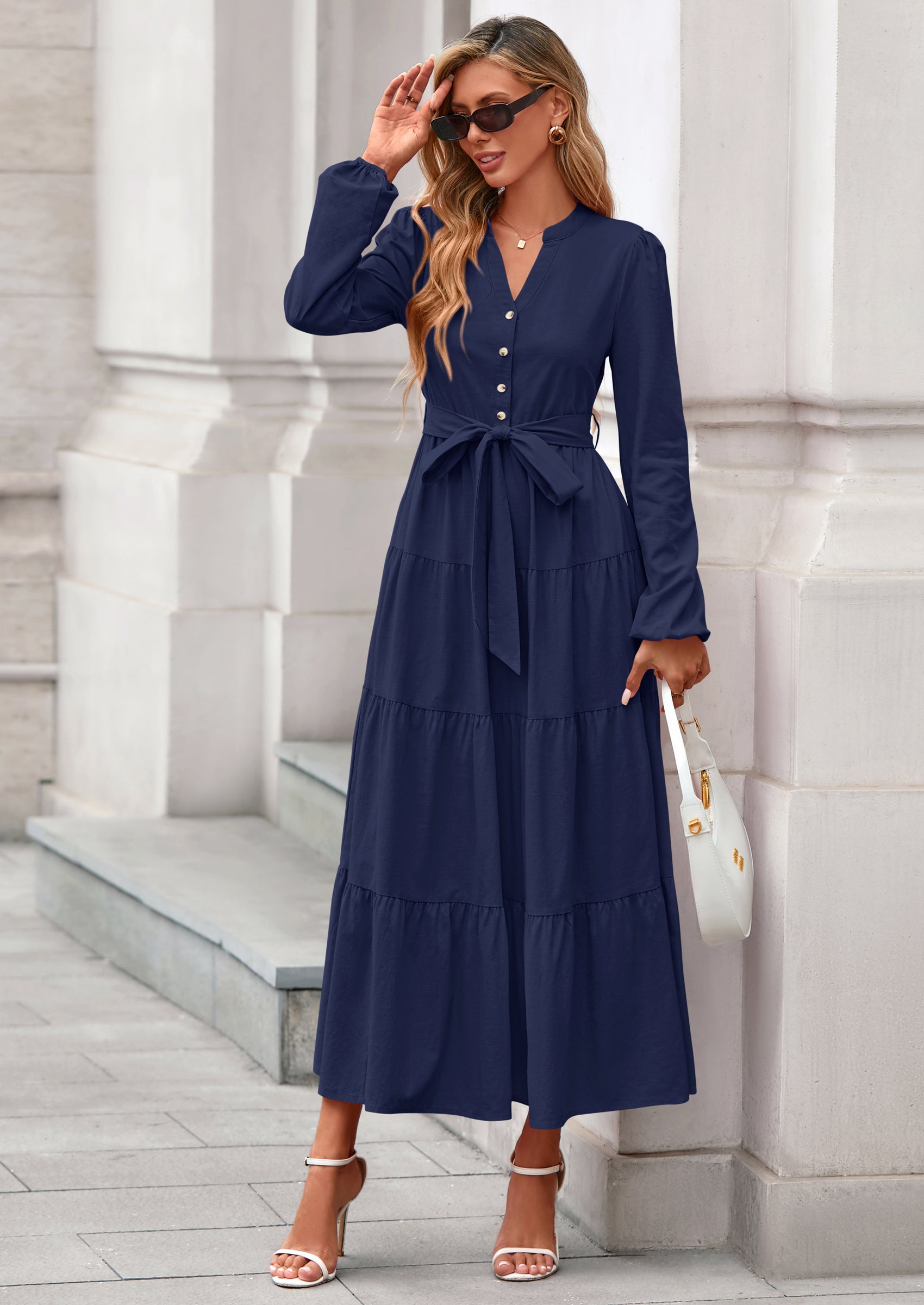 PRETTYGARDEN Fall Dresses for Women Long Sleeve V Neck Belted Ruffle A Line Flowy Boho Maxi Wedding Guest Dress Pockets