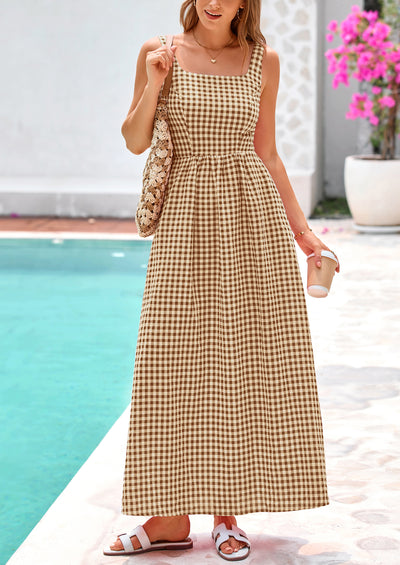 PRETTYGARDEN Women's Summer Spaghetti Strap Maxi Dresses Plaid Square Neck A Line Casual Beach Vacation Long Sundress