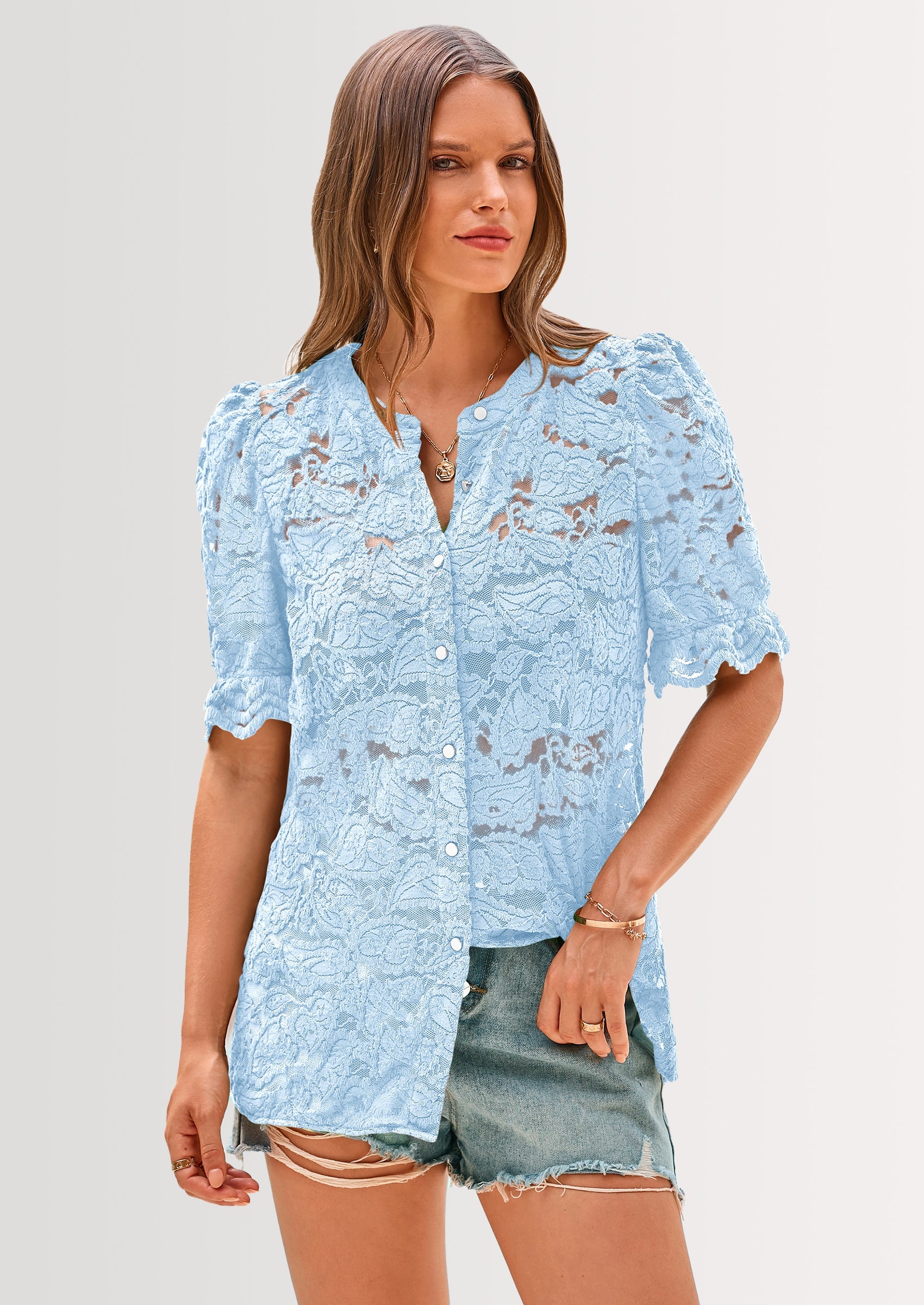 PRETTYGARDEN Womens Spring Lace Tops Short Puff Sleeve Casual Dressy B