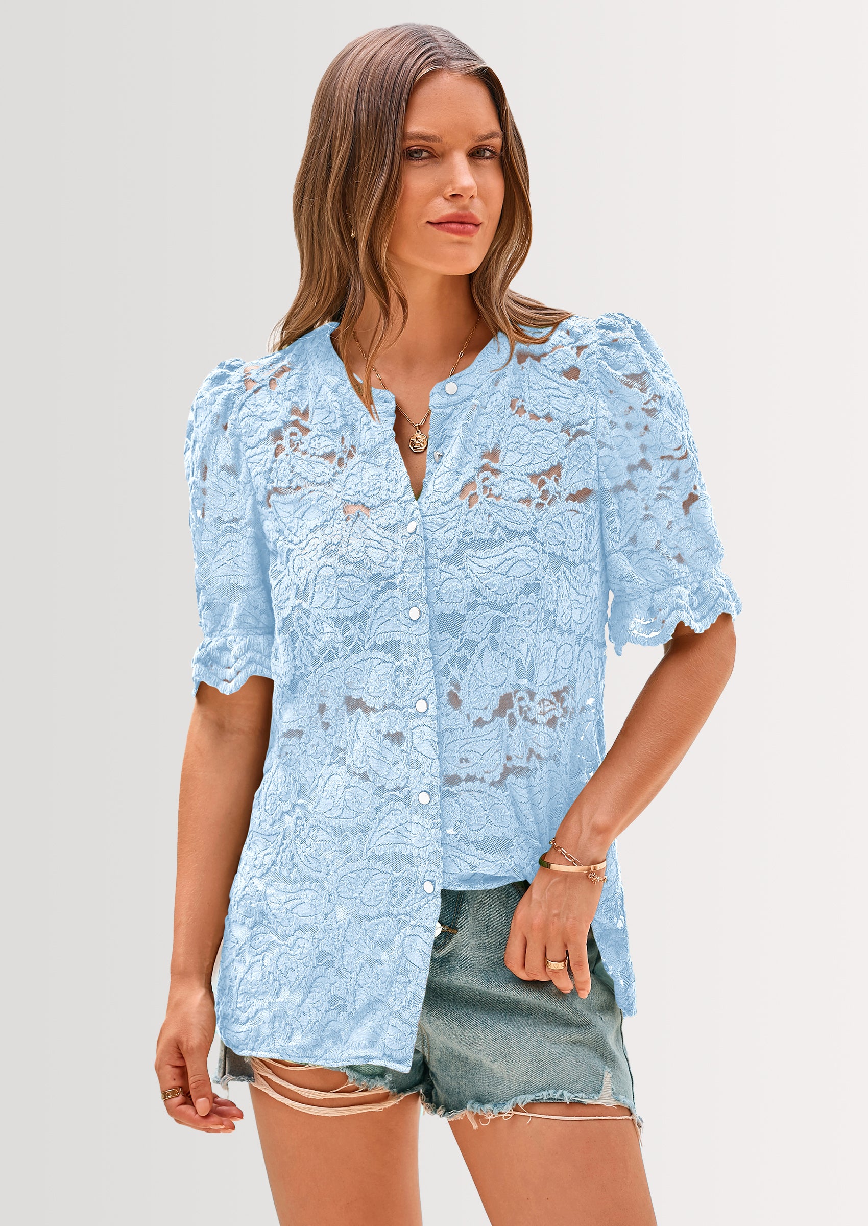 PRETTYGARDEN Womens Spring Lace Tops Short Puff Sleeve Casual Dressy Blouses Eyelet Crew Neck Button Down Shirts