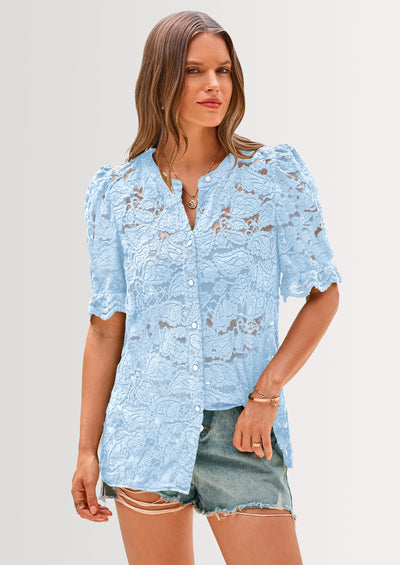 PRETTYGARDEN Womens Spring Lace Tops Short Puff Sleeve Casual Dressy Blouses Eyelet Crew Neck Button Down Shirts
