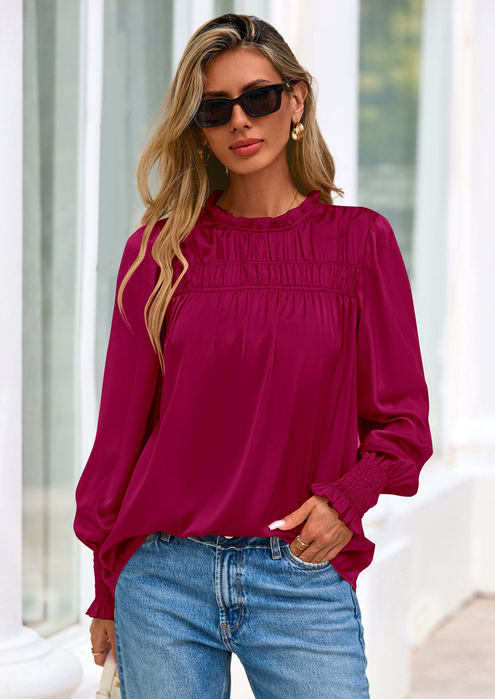 PRETTYGARDEN Blouses for Women Dressy Casual Fall Outfits Frill Neck Long Sleeve Shirts Satin Work Business Casual Tops