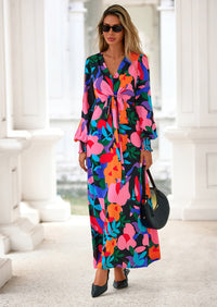 PRETTYGARDEN Women's Fall Boho Maxi Dress Floral Long Sleeve V Neck Flowy Belted Elegant Holiday Party Dresses