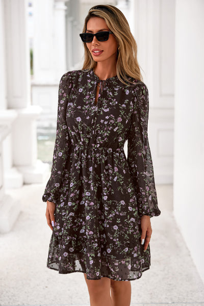 PRETTYGARDEN Women's Fall Boho Dresses Floral Long Sleeve V Neck Mini Flowy Wedding Guest Dress Trendy Vacation Outfits