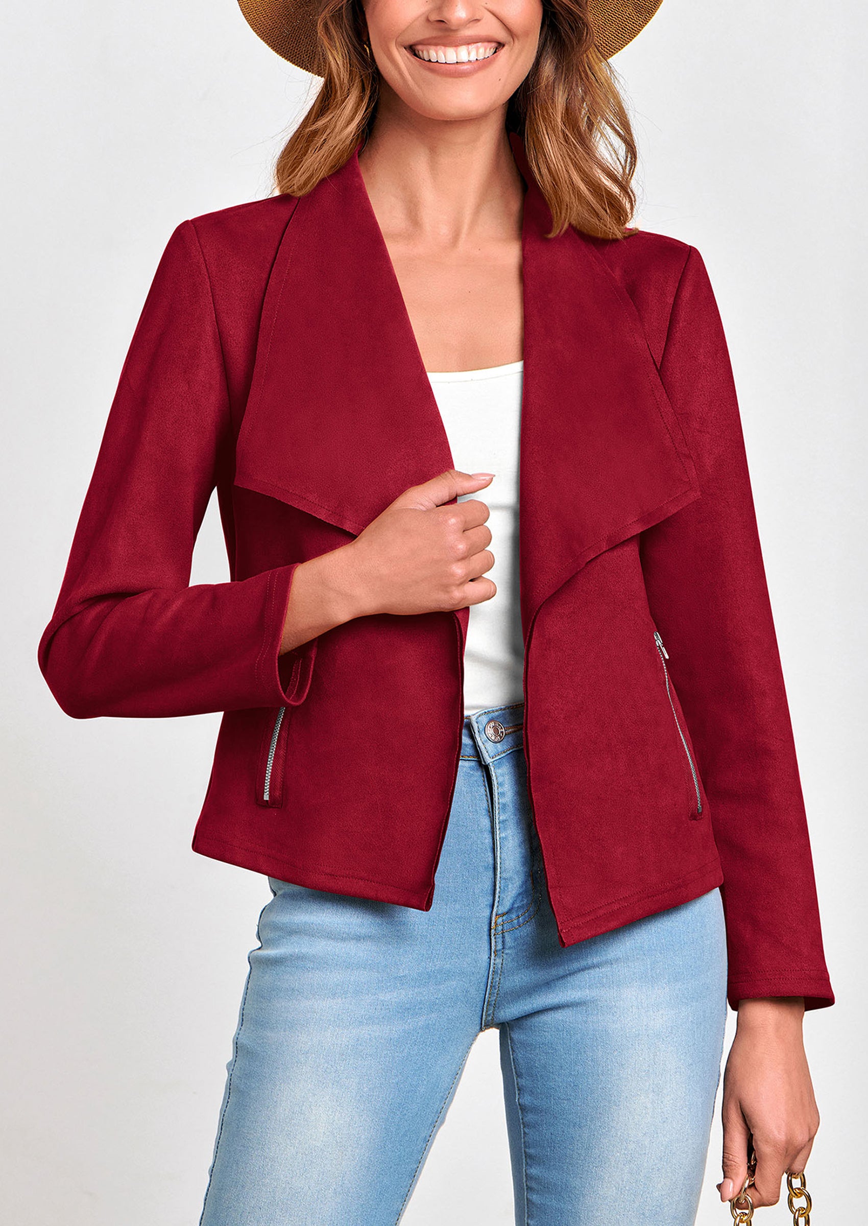 PRETTYGARDEN Women's Faux Suede Jackets Fashion Fall Clothes Long Sleeve Open Front Cropped Coat Outwear