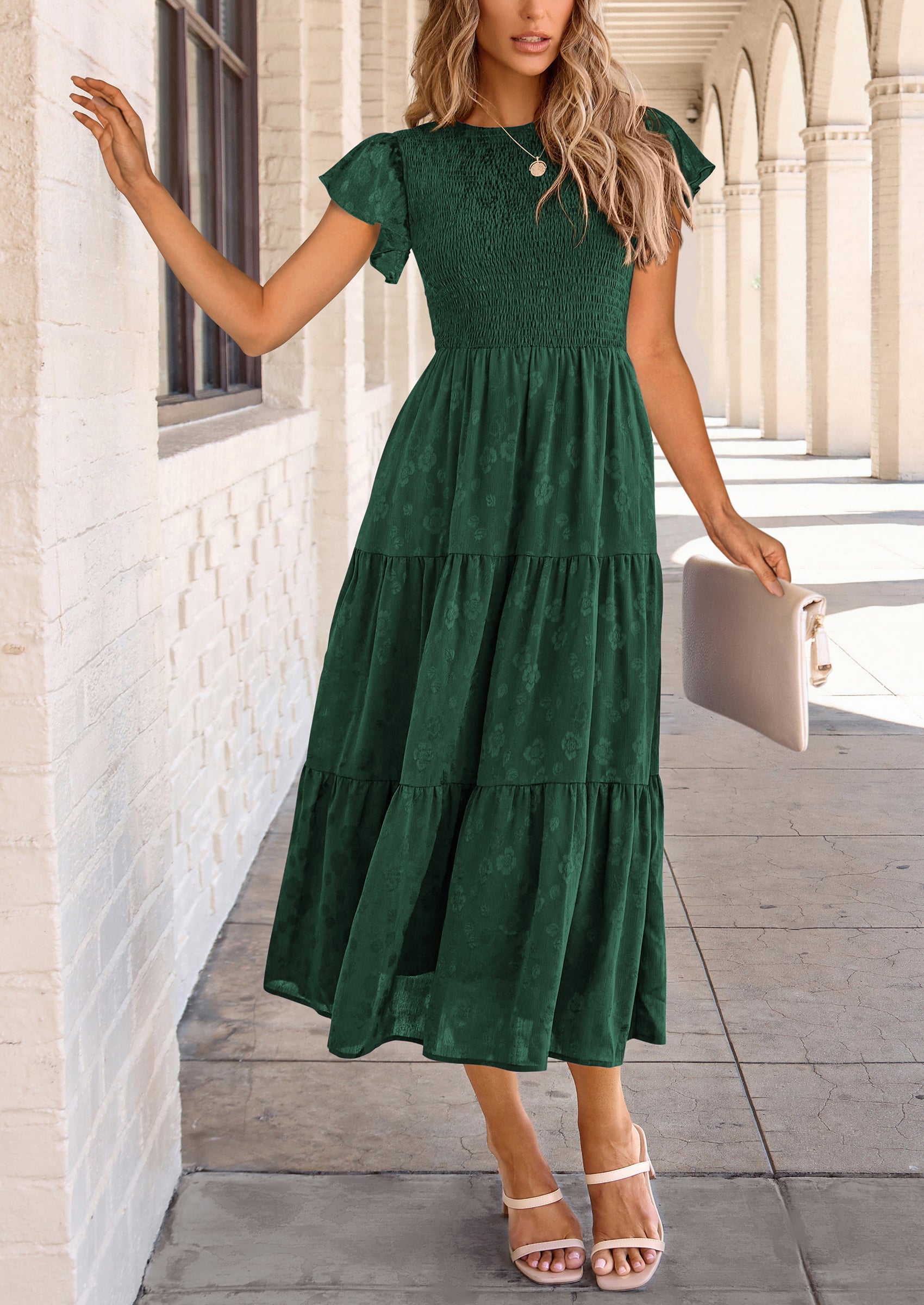 PRETTYGARDEN Midi Dress for Women Summer Floral Cap Sleeve Smocked Ruffle A Line Long Flowy Wedding Guest Dresses