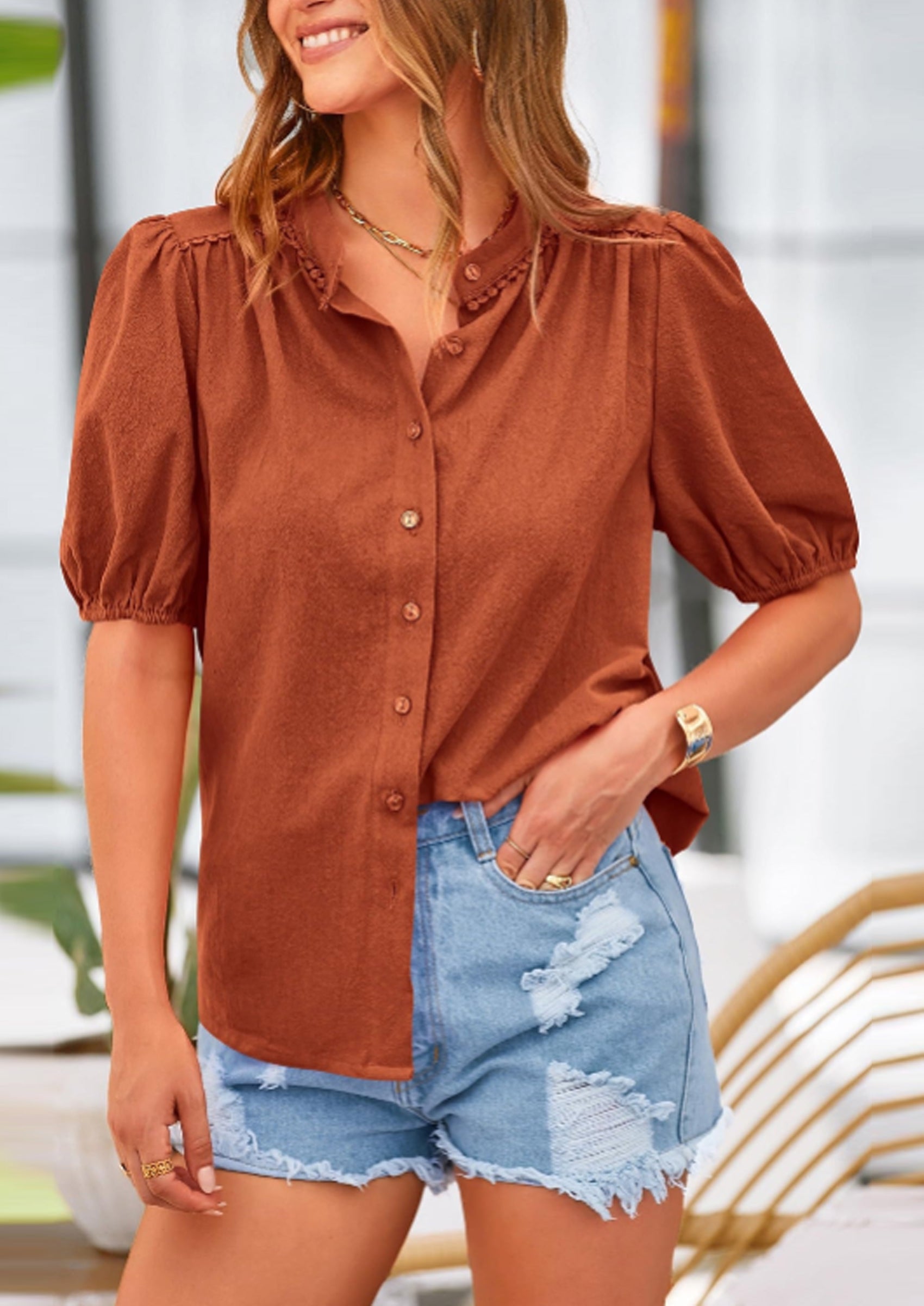 PRETTYGARDEN Women's Summer Tops Button Down Shirts Short Lantern Sleeve V Neck Cotton Cute Dressy Casual Blouses