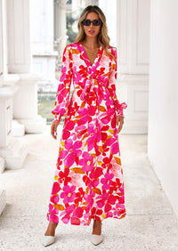 PRETTYGARDEN Women's Fall Boho Maxi Dress Floral Long Sleeve V Neck Flowy Belted Elegant Holiday Party Dresses