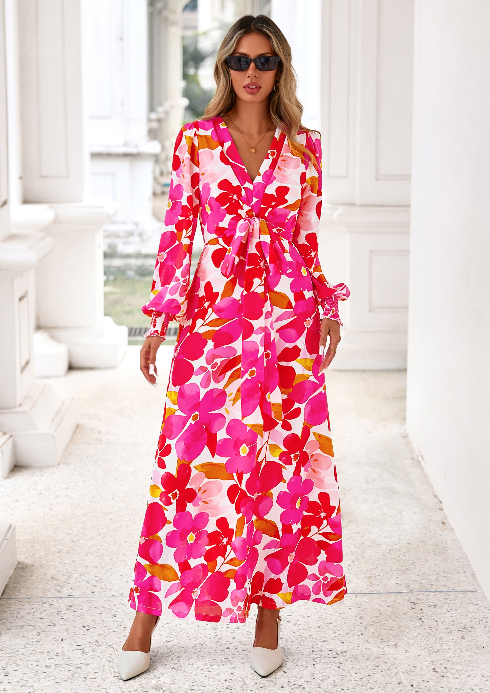 PRETTYGARDEN Women's Fall Boho Maxi Dress Floral Long Sleeve V Neck Flowy Belted Elegant Holiday Party Dresses